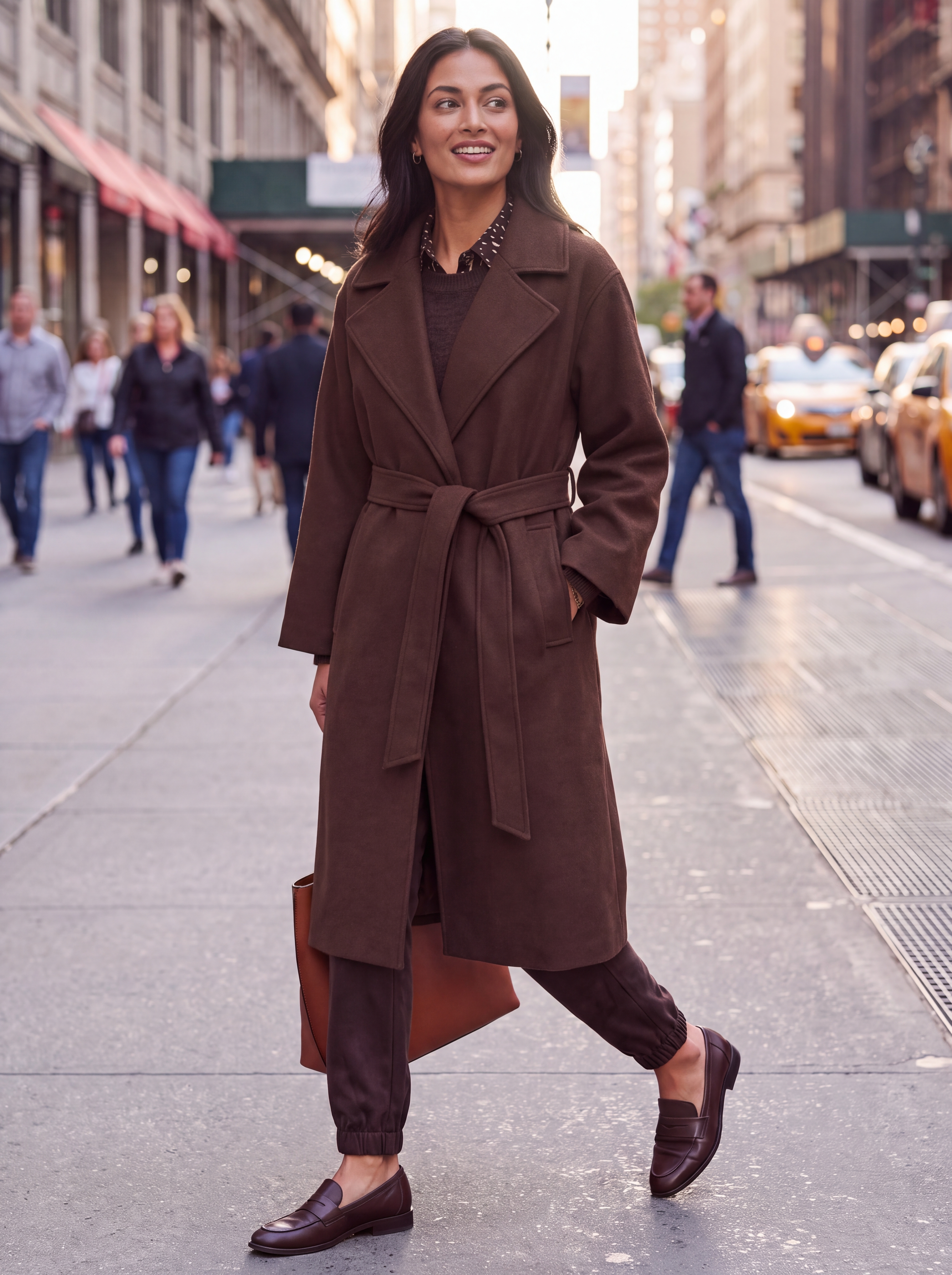 Dámsky prechodný kabát s opaskom BROADWAY NYC FASHION - CHOCOLATE PLUM 31